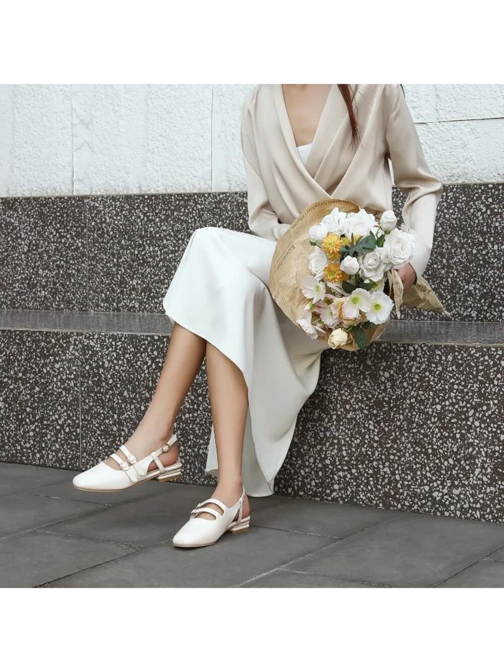 Women's Apricot Faux Leather Closed Square Toe Strap Slingback Low Heels Pumps